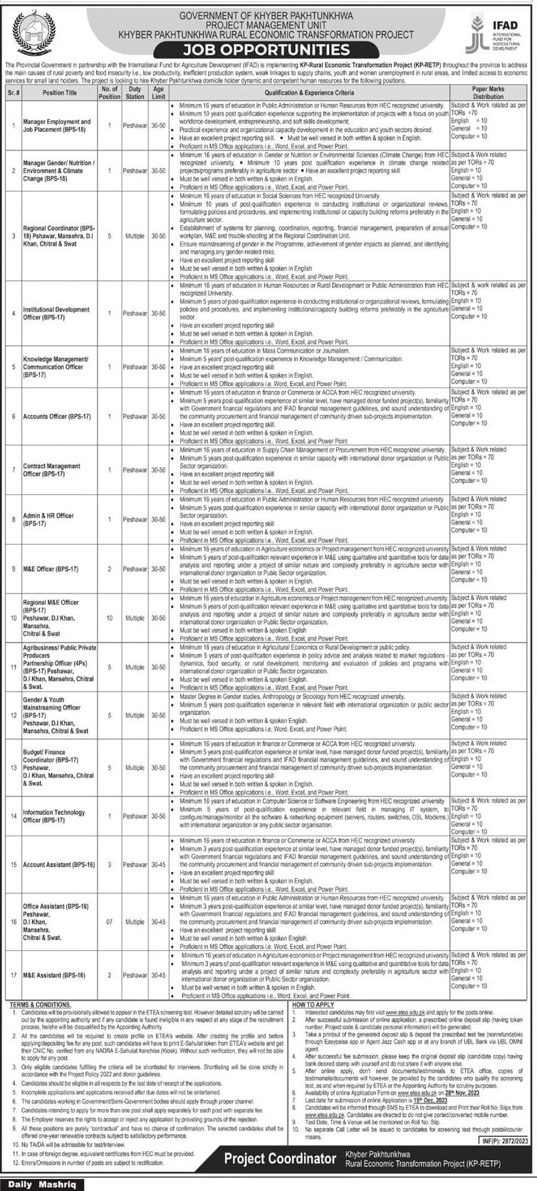 KP-RURAL ECONOMIC TRANSFORMATION PROJECT | INTERNATIONAL FUND FOR AGRICULTURE DEVELOPMENT (IFAD) | JOB OPPORTUNITIES 2023
