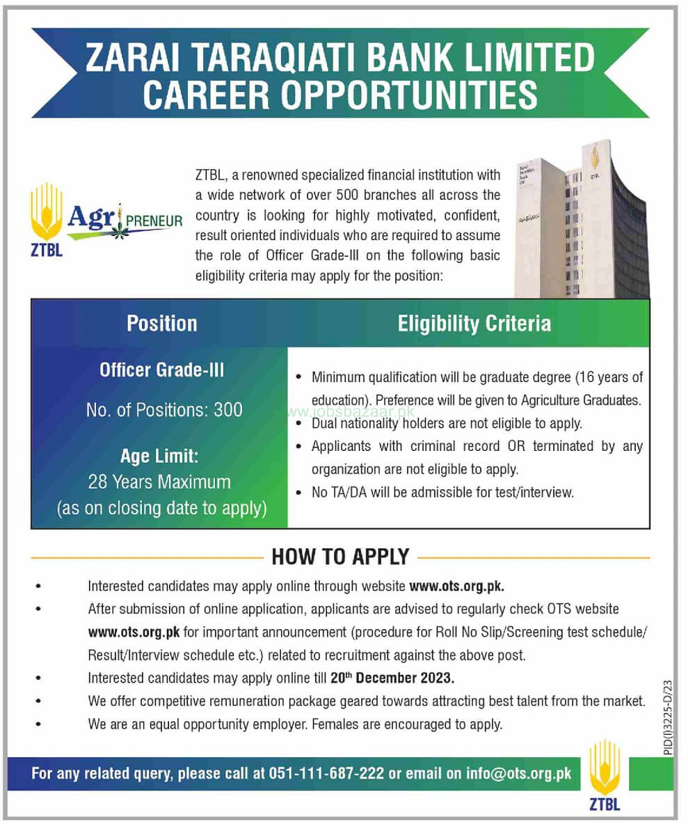 ZARAI TARAQIATI BANK LIMITED | ZTBL OFFICERS CAREER OPPORTUNITIES NOV 2023