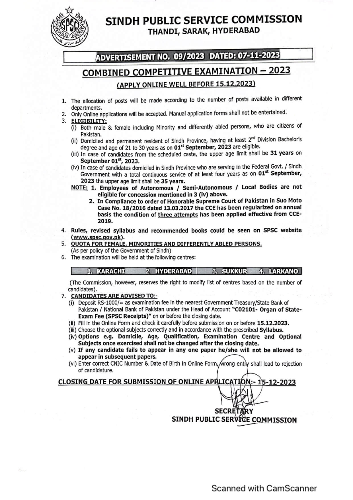 SINDH PUBLIC SERVICE COMMISSION | SPSC CONSOLIDATED ADVERTISEMENT NO. 09/2023 | COMBINED COMPETITIVE EXAMINATIO? – 2023