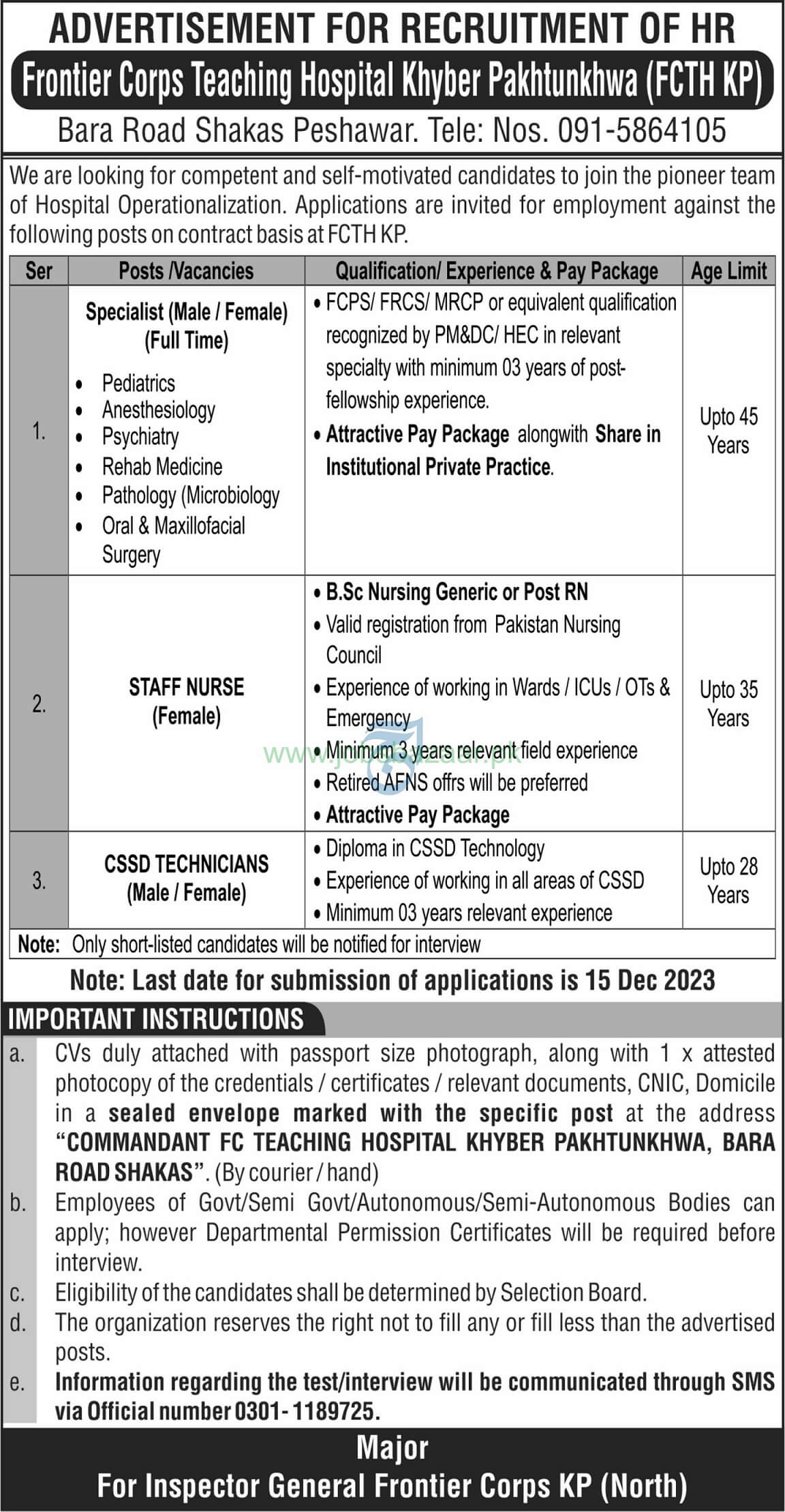 FRONTIER CORPS TEACHING HOSPITAL KPK (FCTH KP) | ADVERTISEMENT FOR RECRUITMENT