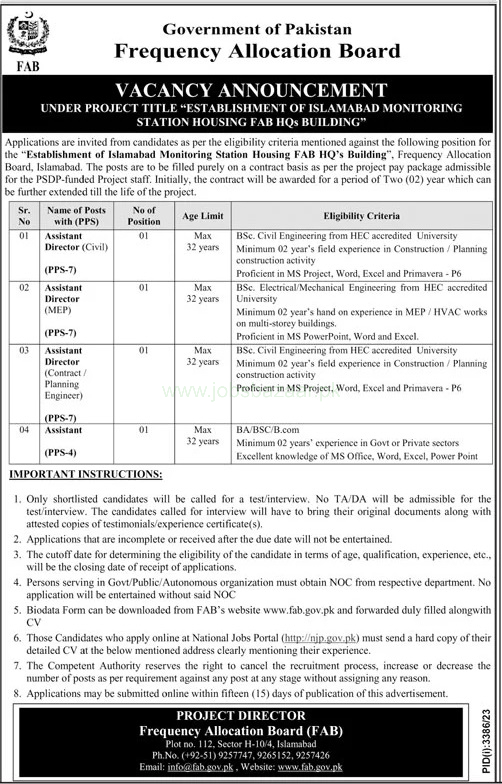 FREQUENCY ALLOCATION BOARD (FAB) | ESTABLISHMENT OF ISLAMABAD MONITORING STATION HOUSING FAB HQs BUILDING PROJECT POSITIONS