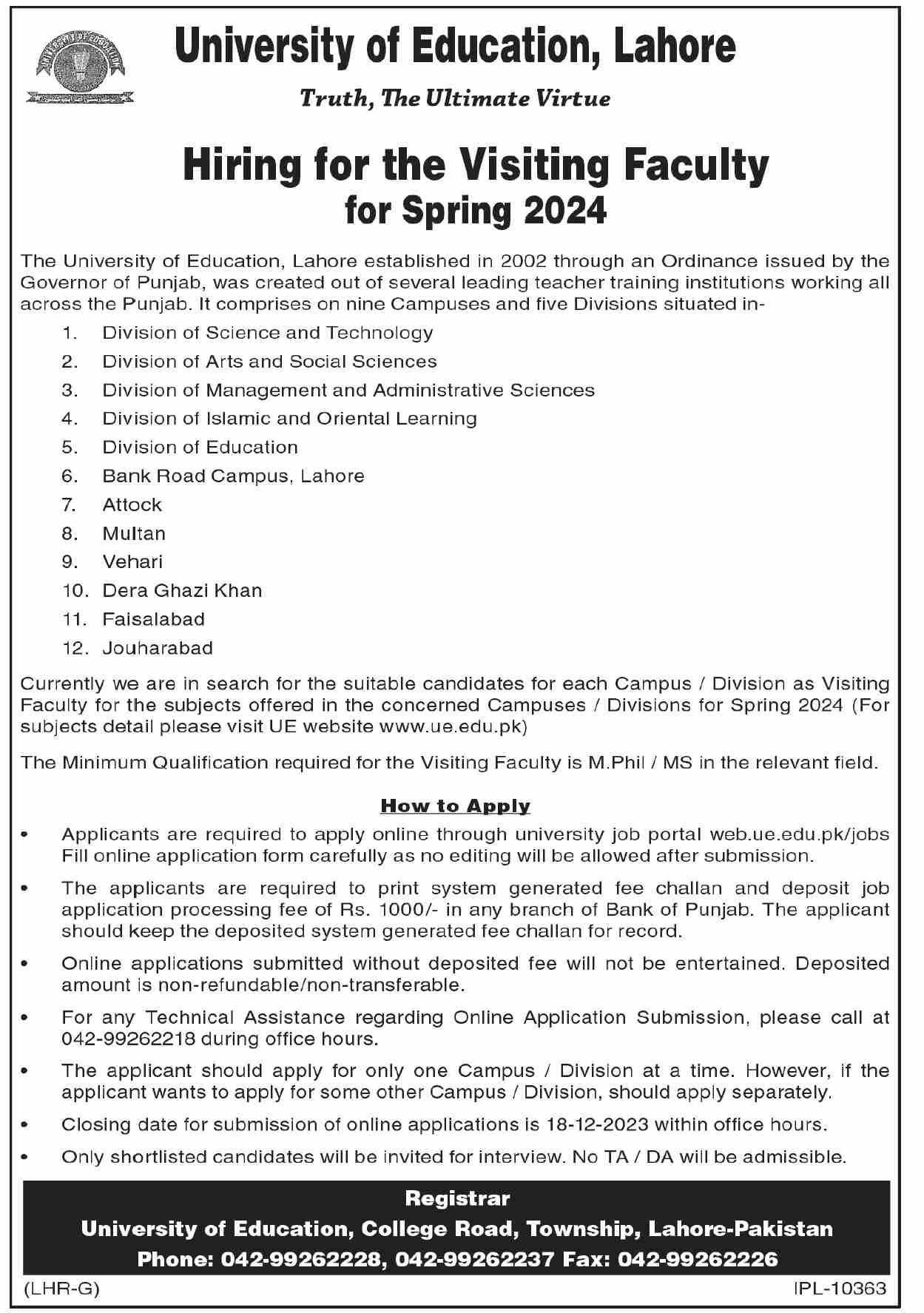 UNIVERSITY OF EDUCATION LAHORE | HIRING FOR THE VISITING FACULTY SPRING 2024