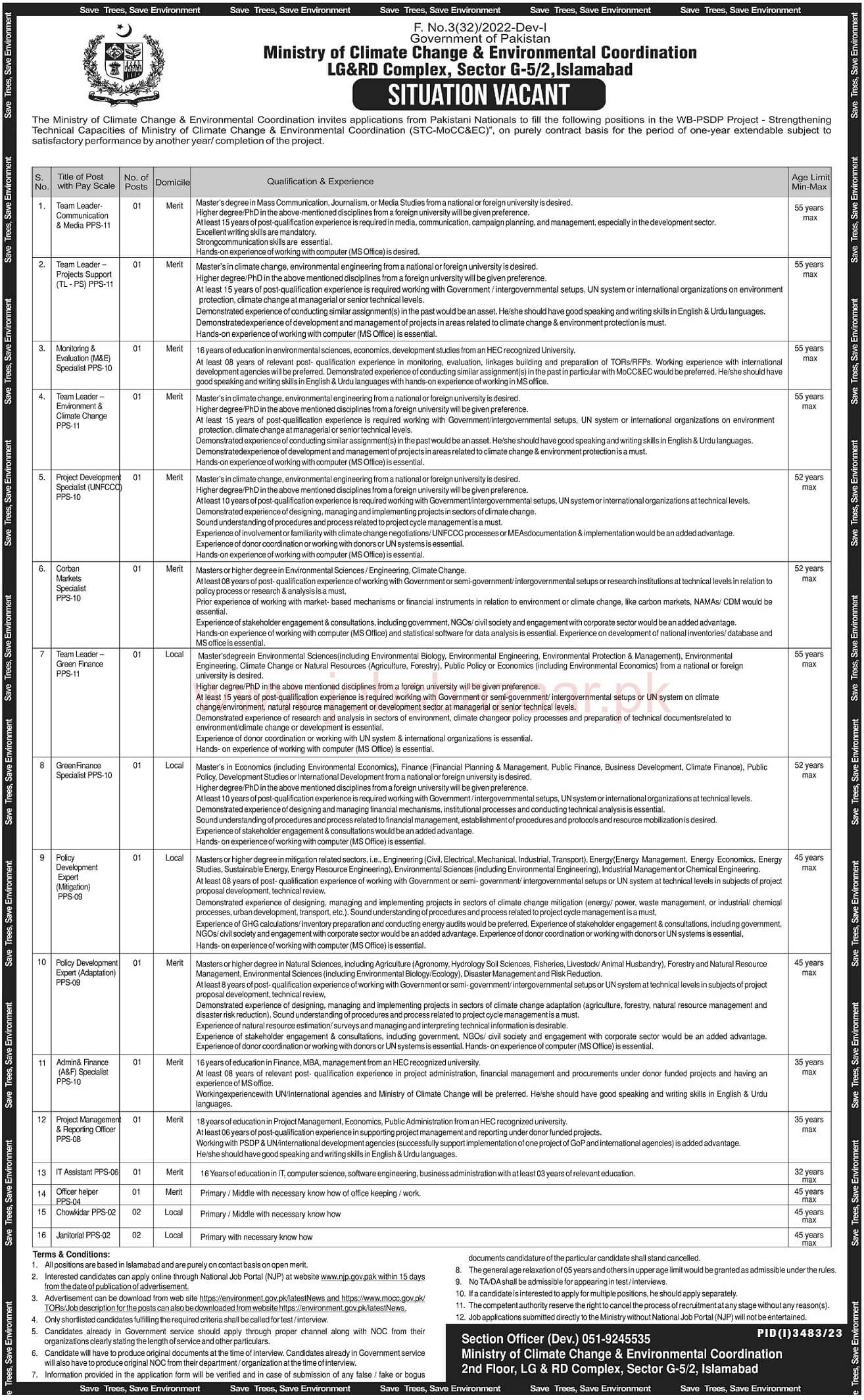 STRENGTHENING TECHNICAL CAPACITIES OF MINISTRY OF CLIMATE CHANGE & ENVIRONMENTAL COORDINATION | WB-PSDP PROJECT POSITIONS 2023