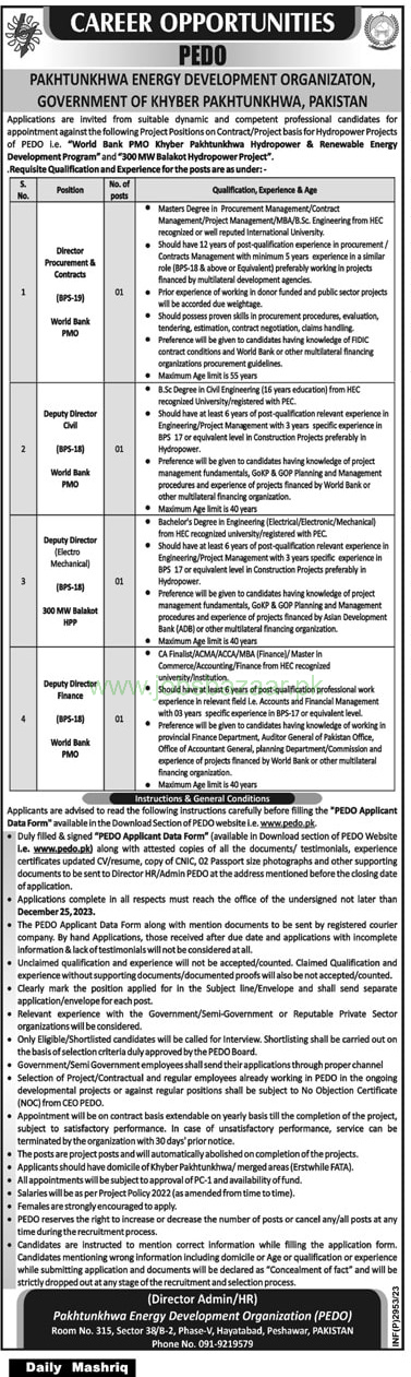 PAKHTUNKHWA ENERGY DEVELOPMENT ORGANIZATON | PEDO PROJECT POSITIONS DEC 2023