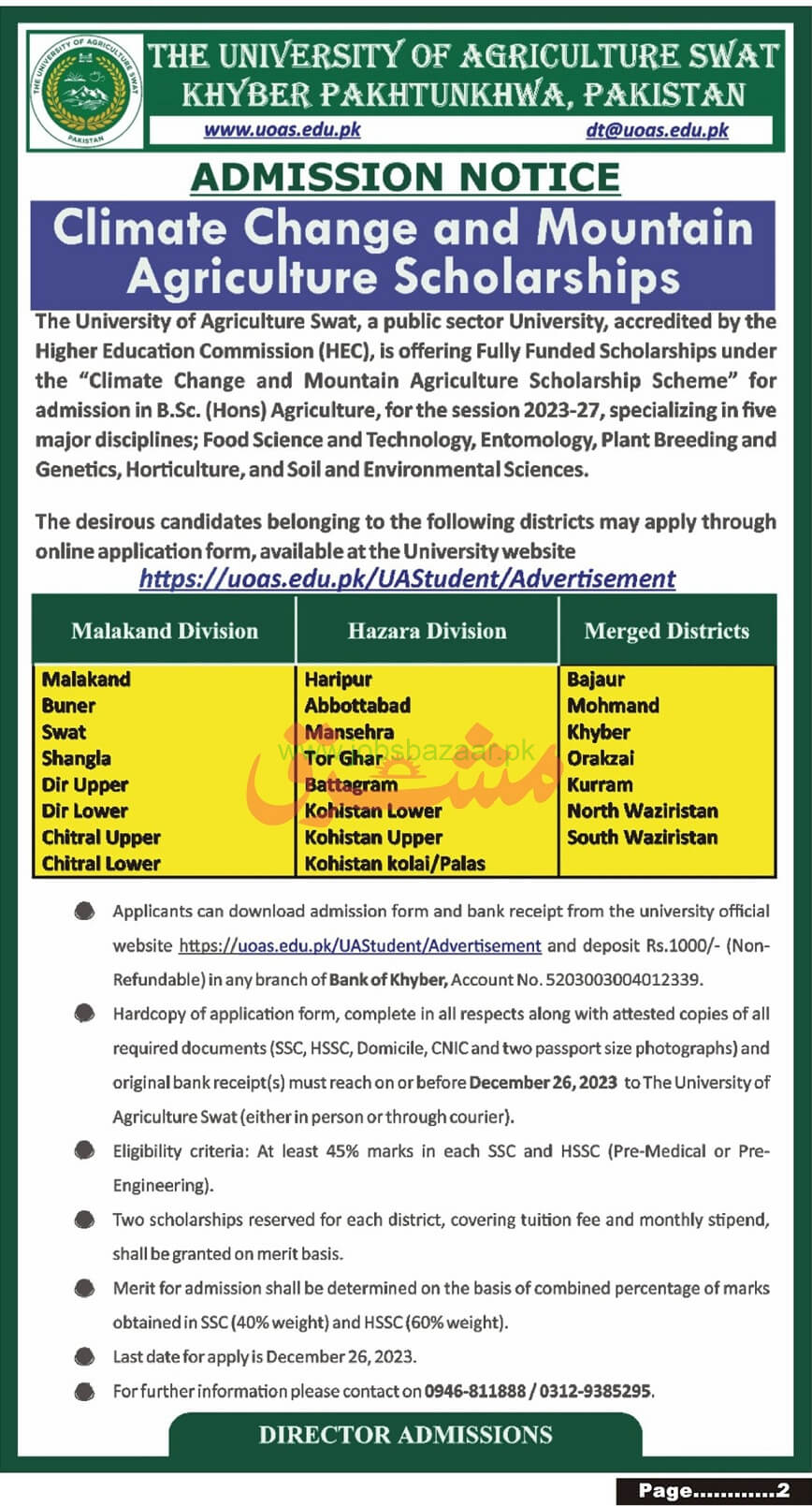 THE UNIVERSITY OF AGRICULTURE SWAT | CLIMATE CHANGE & MOUNTAIN AGRICULTURE SCHOLARSHIPS SESSION 2023-27