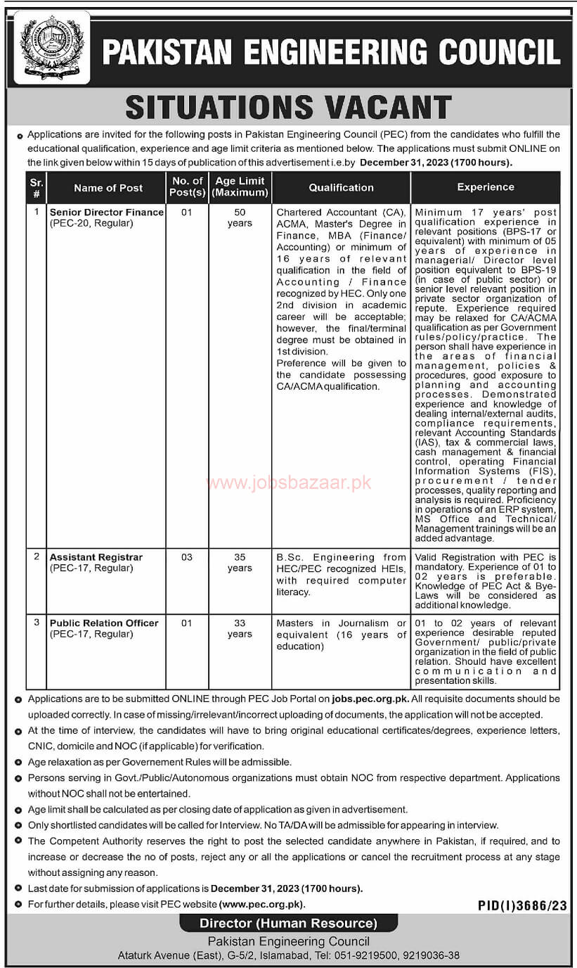 PAKISTAN ENGINEERING COUNCIL | PEC JOBS ADVERTISEMENT DEC 2023