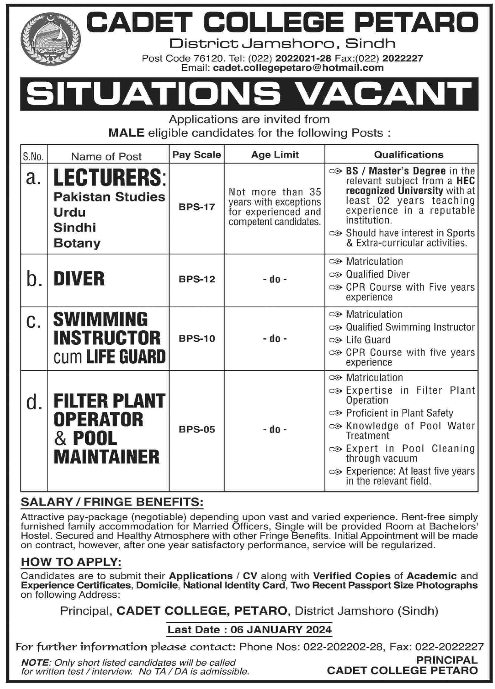 CADET COLLEGE PETARO JAMSHORO | SITUATIONS VACANT DEC 2023