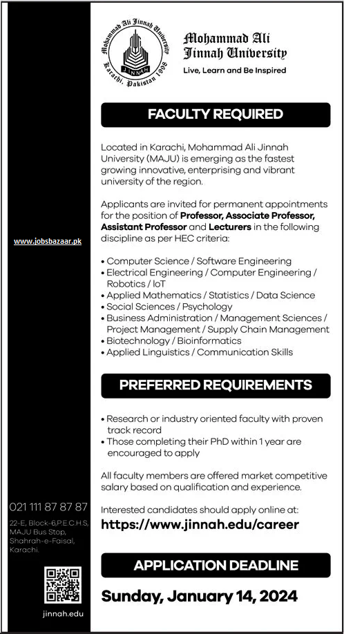 MOHAMMAD ALI JINNAH UNIVERSITY KARACHI | MAJU FACULTY REQUIRED DEC 2023