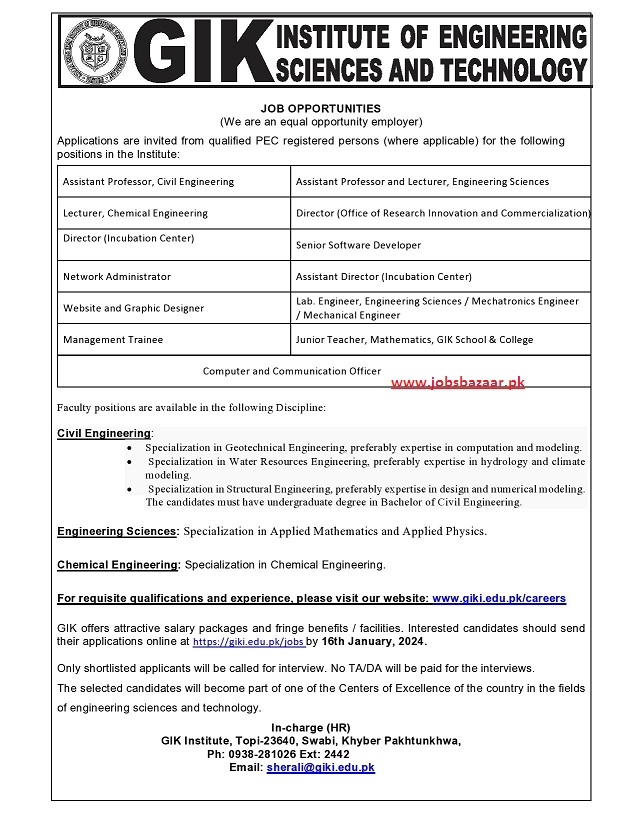 GIK INSTITUTE OF ENGINEERING SCIENCES & TECHNOLOGY | GIKI JOB OPPORTUNITIES JAN 2024