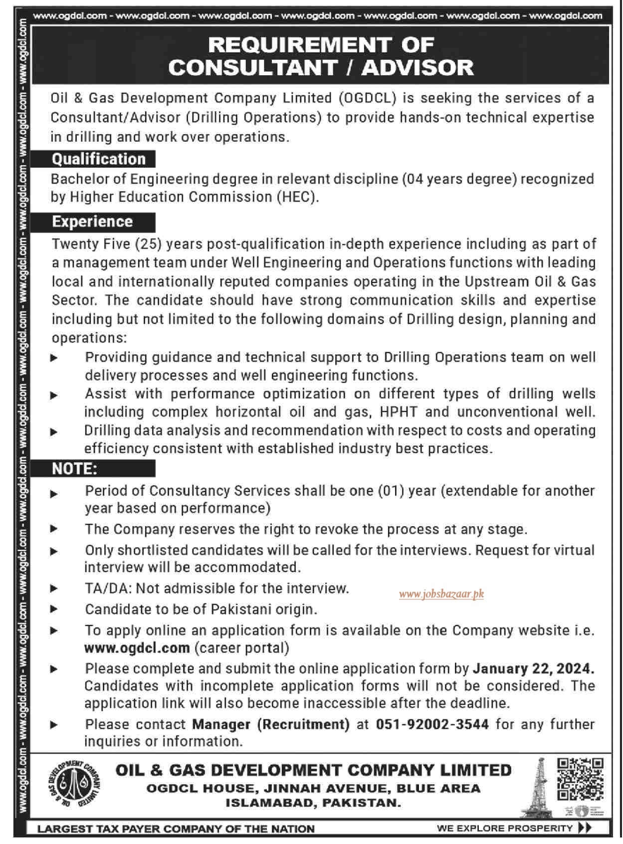 OIL & GAS DEVELOPMENT COMPANY LIMITED | OGDCL REQUIREMENT OF CONSULTANT / ADVISOR 2024