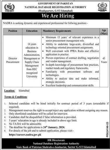 NATIONAL DATABASE REGISTRATION AUTHORITY | NADRA ISLAMABAD (PROCUREMENT) POSITIONS JAN 2024
