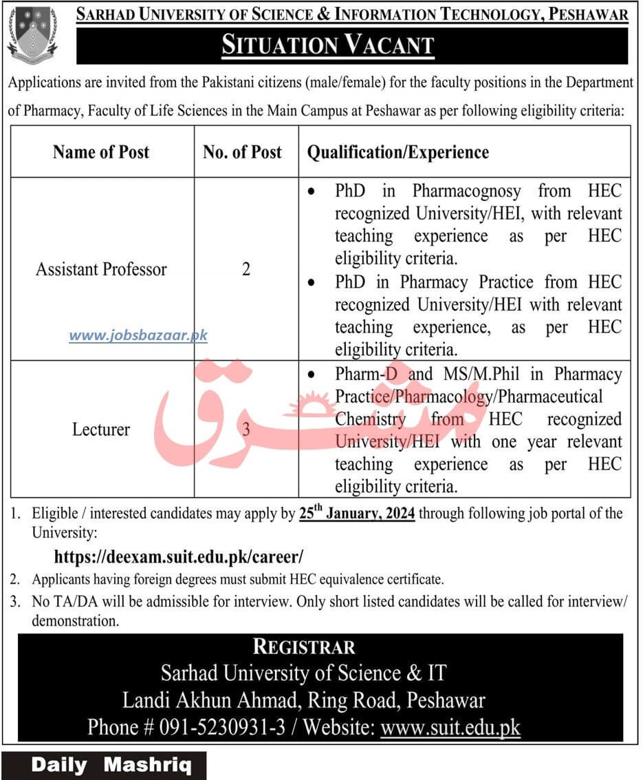SARHAD UNIVERSITY OF SCIENCE & INFORMATION TECHNOLOGY PESHAWAR | SUIT PHARMACY FACULTY POSITIONS JAN 2024
