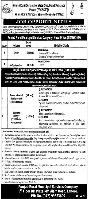 PUNJAB RURAL SUSTAINABLE WATER SUPPLY & SANITATION PROJECT | PUNJAB RURAL MUNICIPAL SERVICES COMPANY PROJECT VACANCIES JAN 2024