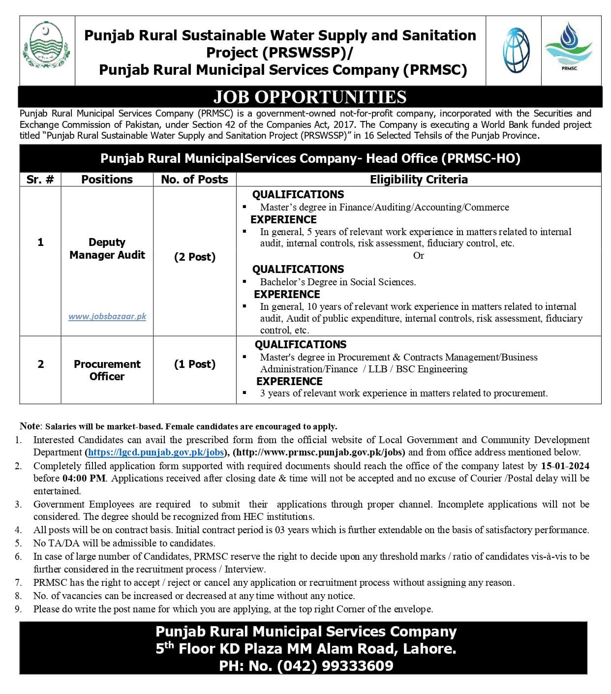 PUNJAB RURAL SUSTAINABLE WATER SUPPLY & SANITATION PROJECT | PUNJAB RURAL MUNICIPAL SERVICES COMPANY AUDIT & PROCUREMENT VACANCIES JAN 2024
