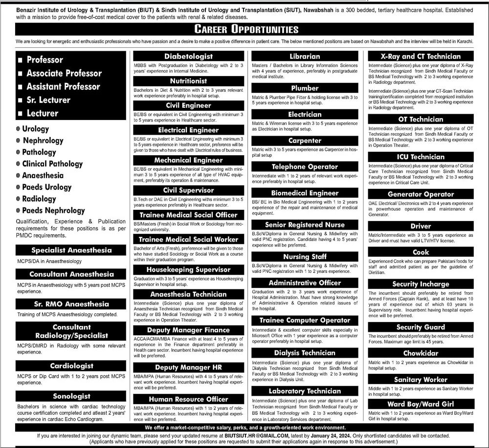 BENAZIR INSTITUTE OF UROLOGY & TRANSPLANTATION (BIUT) | SINDH INSTITUTE OF UROLOGY & TRANSPLANTATION (SIUT) NAWABSHAH CAREER OPPORTUNITIES JAN 2024