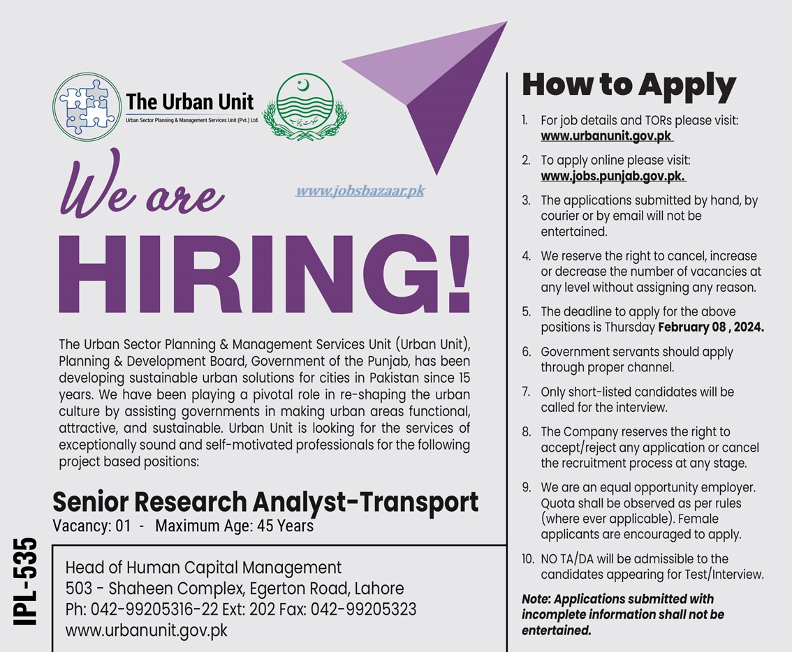 URBAN SECTOR PLANNING & MANAGEMENT SERVICES UNIT | URBAN UNIT VACANCY JAN 2024