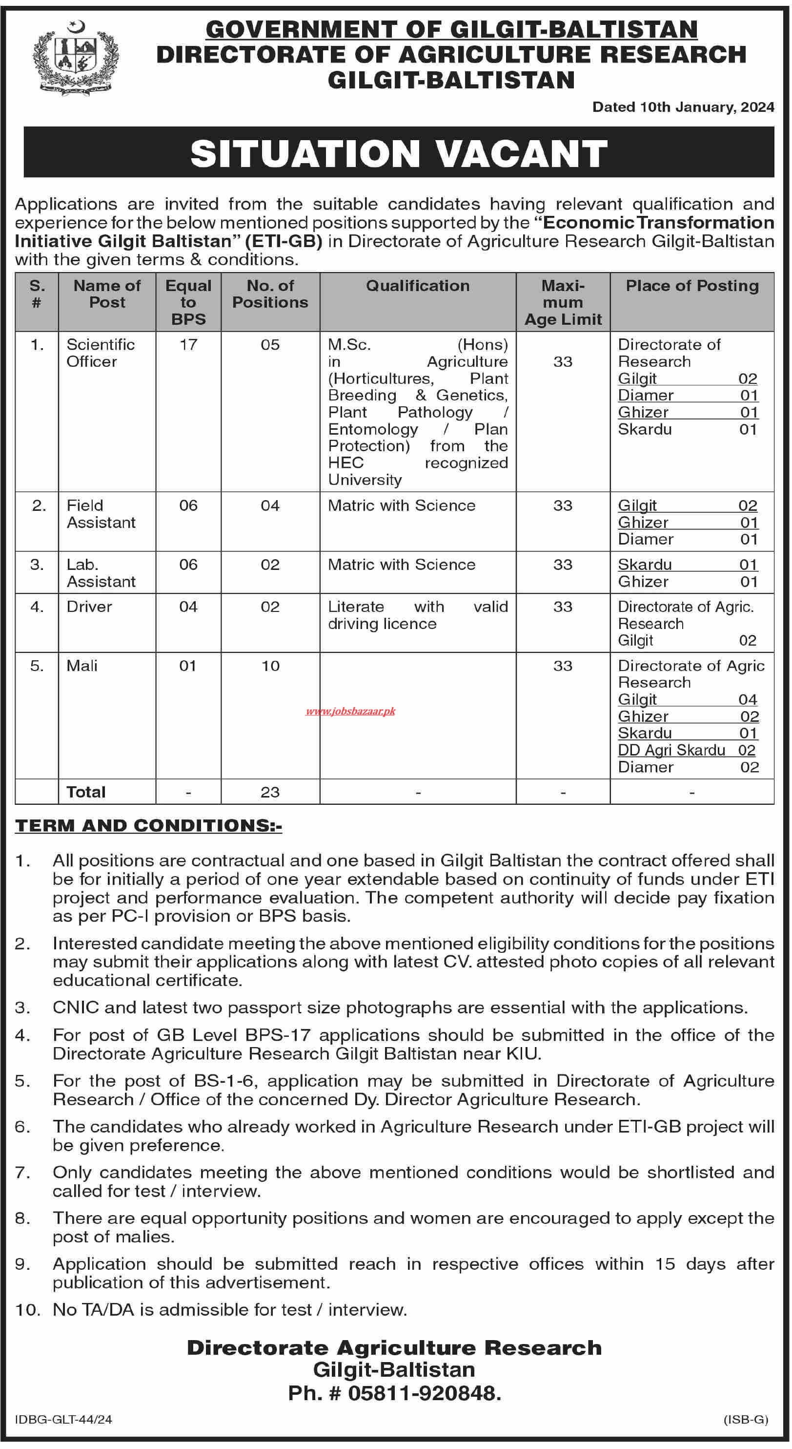 DIRECTORATE OF AGRICULTURE RESEARCH GILGIT BALTISTAN | ECONOMIC TRANSFORMATION INITIATIVE GILGIT BALTISTAN (ETI-GB) PROJECT VACANCIES JAN 2024