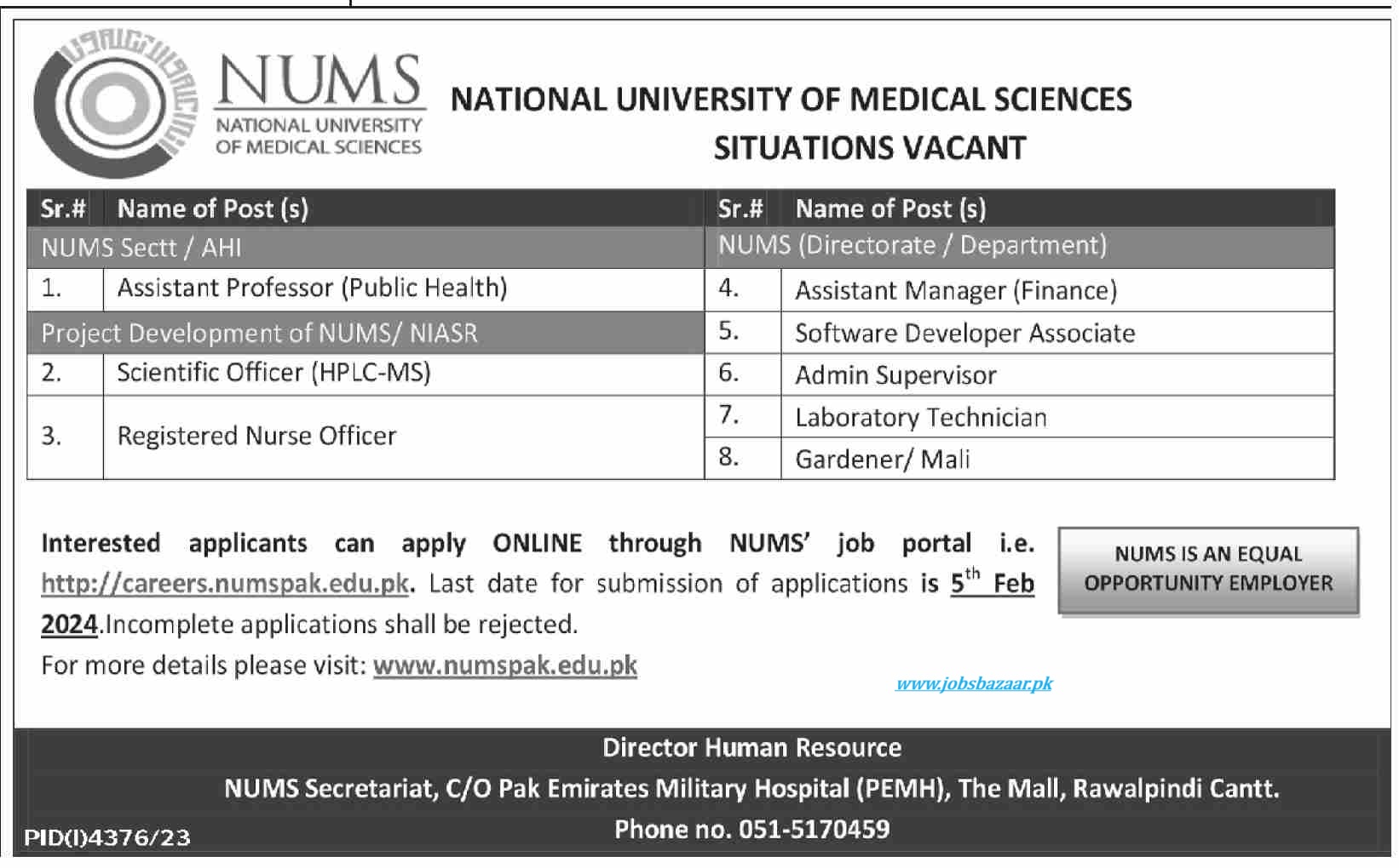 NATIONAL UNIVERSITY OF MEDICAL SCIENCES | NUMS ADVERTISEMENT JAN 2024