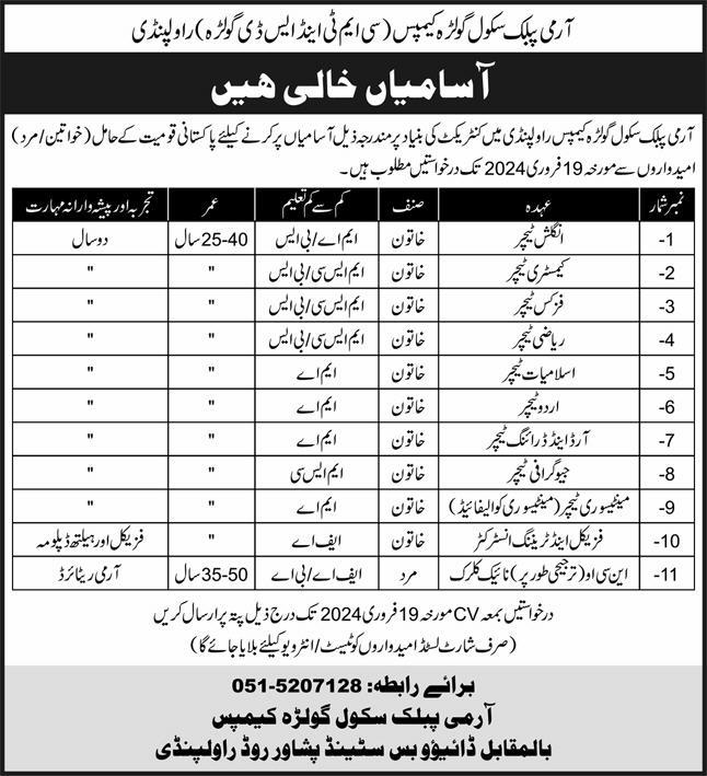 ARMY PUBLIC SCHOOL RAWALPINDI | APS GOLRA CAMPUS TEACHING/NON-TEACHING POSITIONS JAN 2024