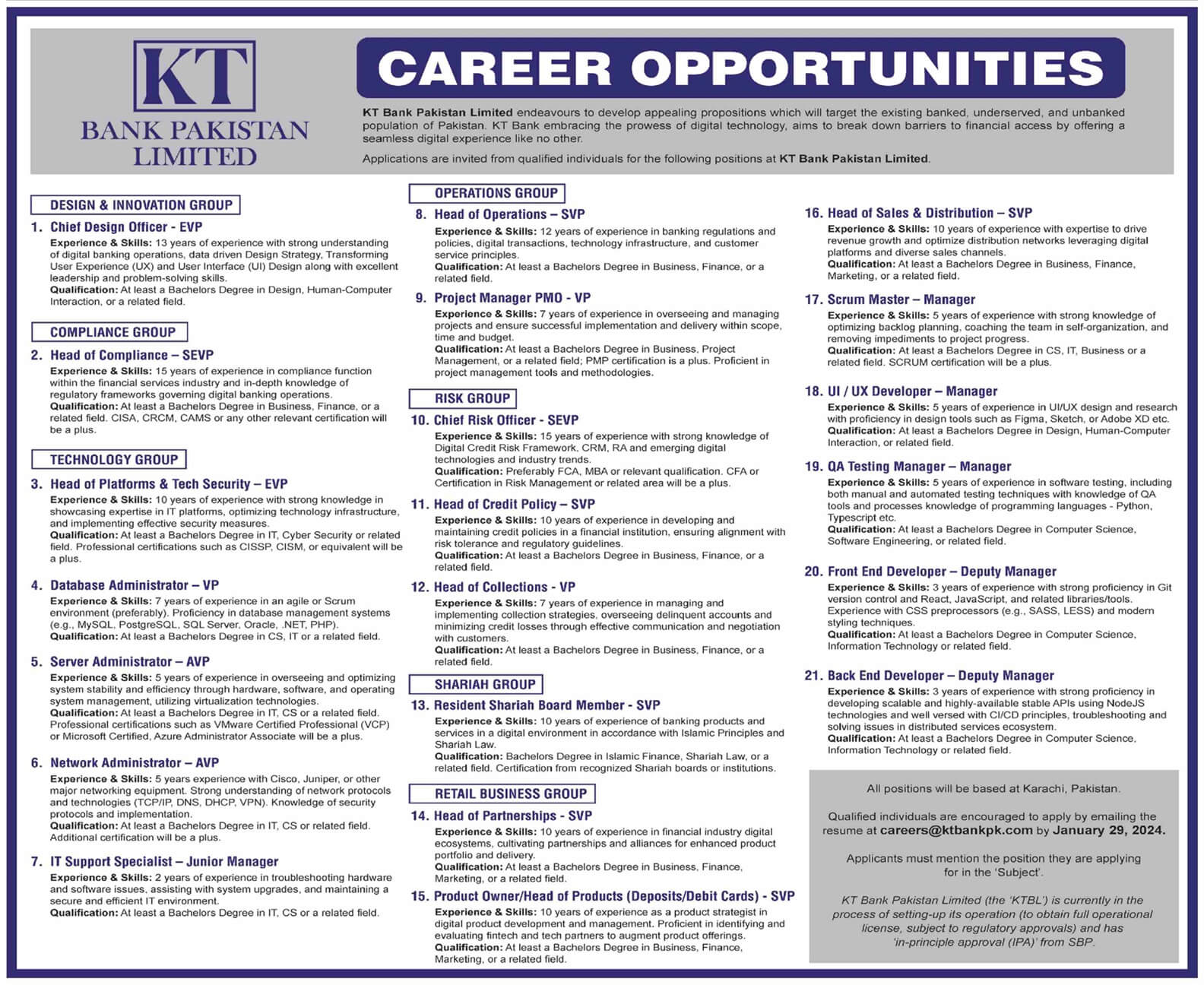 KT BANK PAKISTAN LIMITED | MULTIPLE GROUPS OPPORTUNITIES JAN 2024