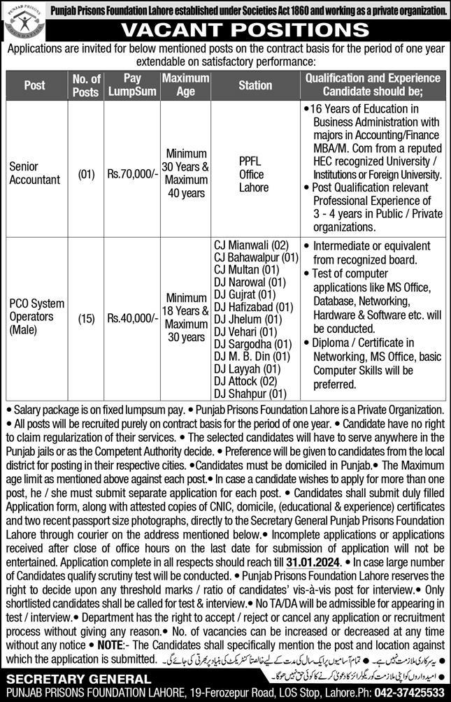 PUNJAB PRISONS FOUNDATION LAHORE | PPFL VACANT POSITIONS JAN 2024