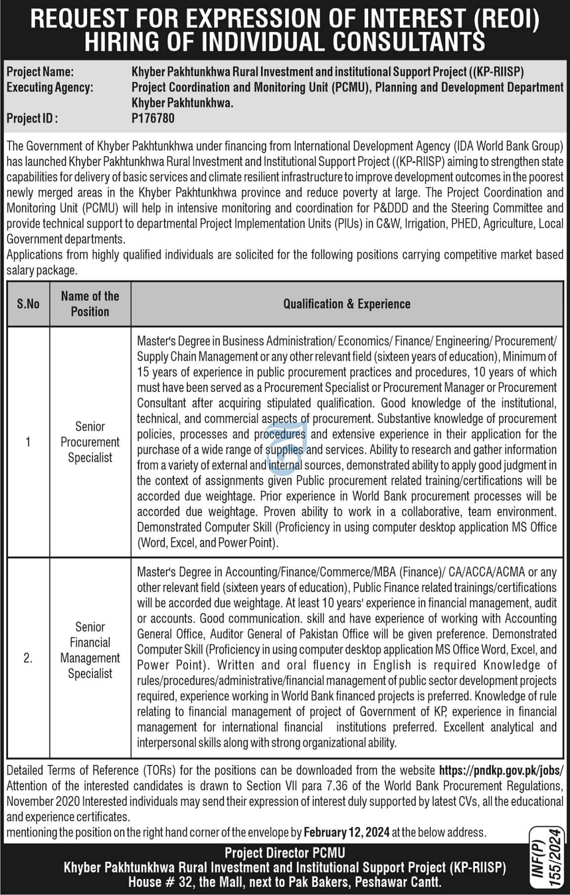 KP RURAL INVESTMENT & INSTITUTIONAL SUPPORT PROJECT KP-RIISP PROJECT | PLANNING & DEVELOPMENT DEPARTMENT INDIVIDUAL CONSULTANTS HIRING JAN 2024