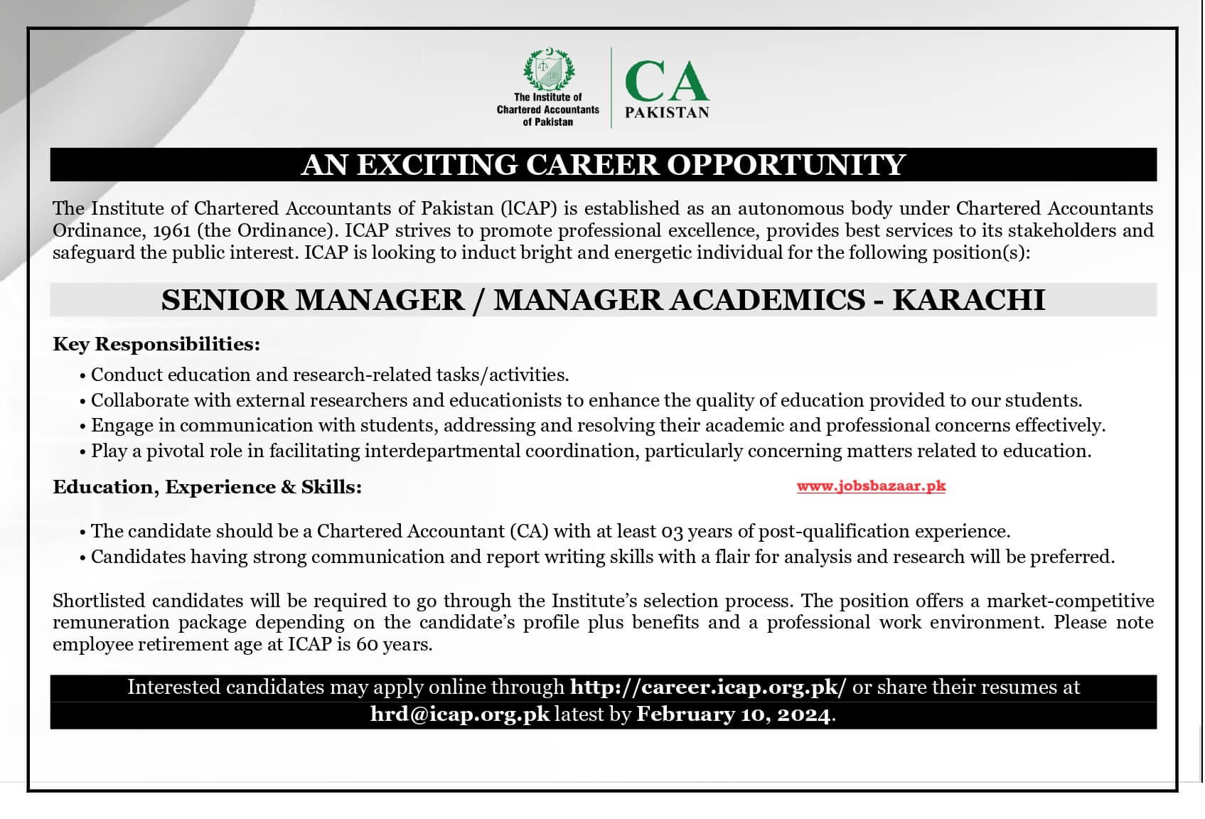 THE INSTITUTE OF CHARTERED ACCOUNTANTS OF PAKISTAN | ICAP ACADEMICS POSITION JAN 2024