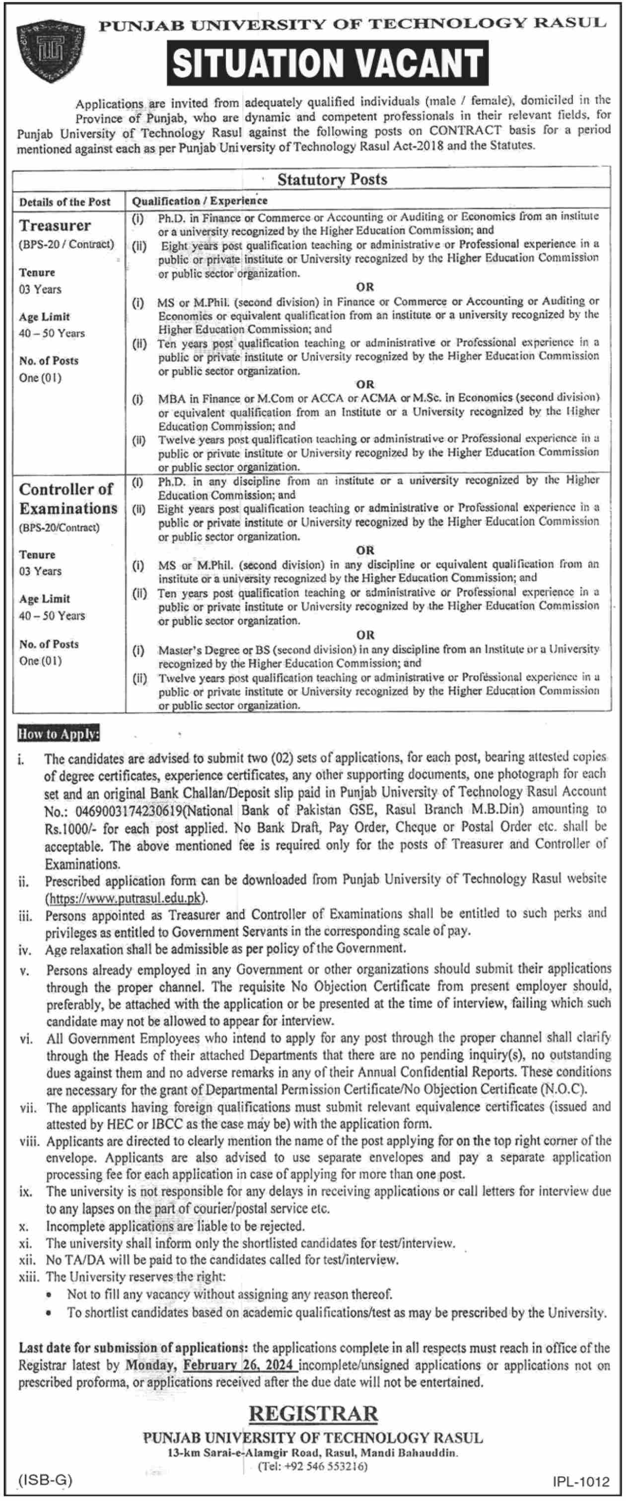 PUNJAB UNIVERSITY OF TECHNOLOGY RASUL | STATUTORY POSTS FEB 2024