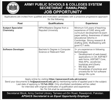 ARMY PUBLIC SCHOOLS & COLLEGES SYSTEM SECRETARIAT RAWALPINDI | APS JOB VACANCIES 2024