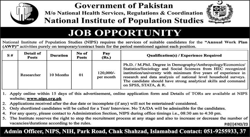 NATIONAL INSTITUTE OF POPULATION STUDIES | NIPS ANNUAL WORK PLAN POSITIONS FEB 2023