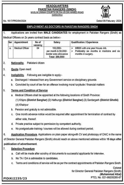 EMPLOYMENT AS DOCTORS IN PAKISTAN RANGERS SINDH FEB 2024