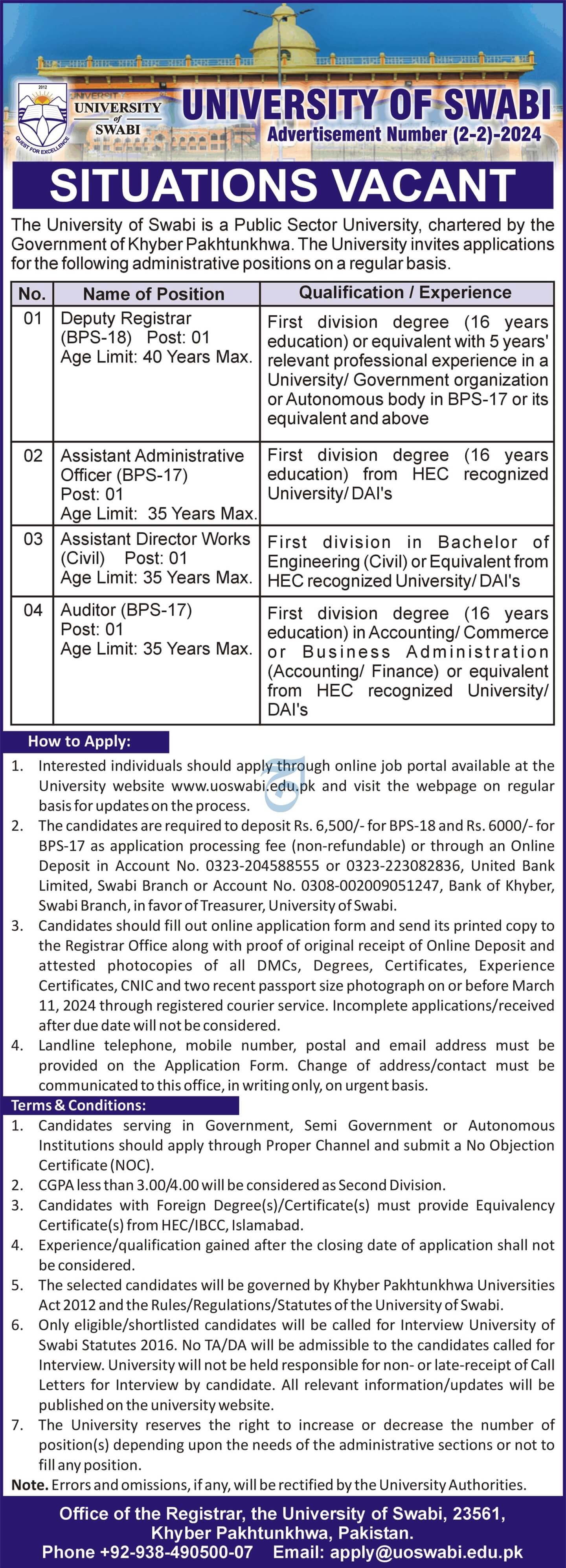 UNIVERSITY UNIVERSITY OF SWABI | ADVERTISEMENT NUMBER (2-2)-2024
