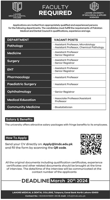 LAHORE MEDICAL & DENTAL COLLEGE | LMDC FACULTY REQUIRED FEB 2024