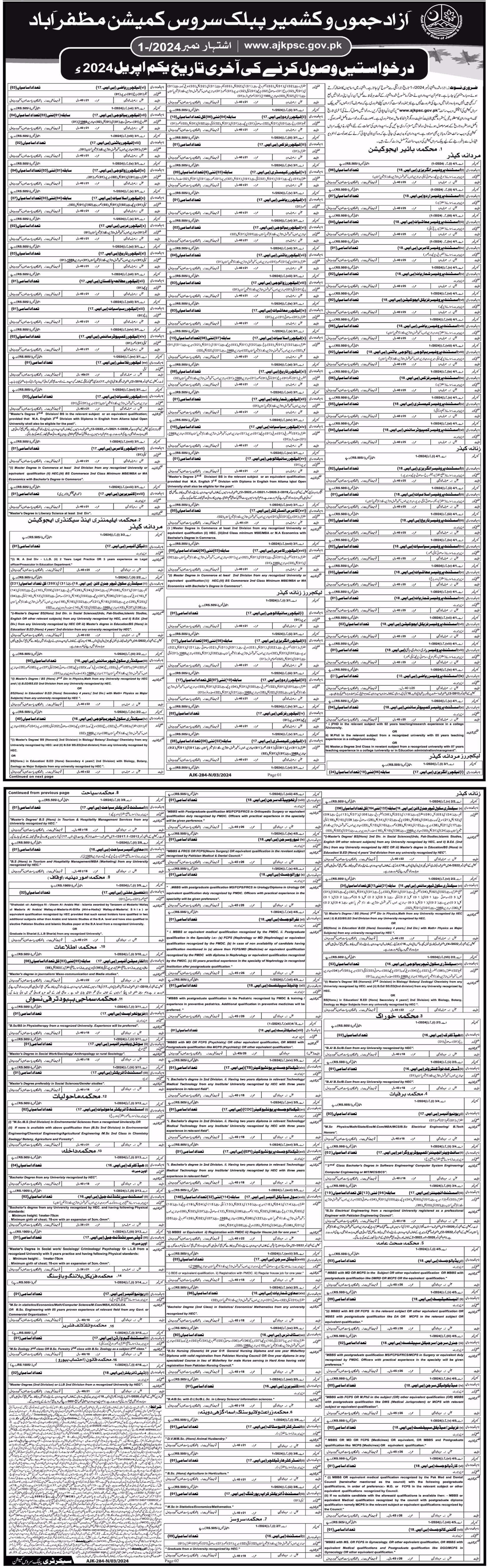 AZAD JAMMU & KASHMIR PUBLIC SERVICE COMMISSION MUZAFFARABAD | AJKPSC ADVERTISEMENT NO 1-/2024 READVERTISEMENT