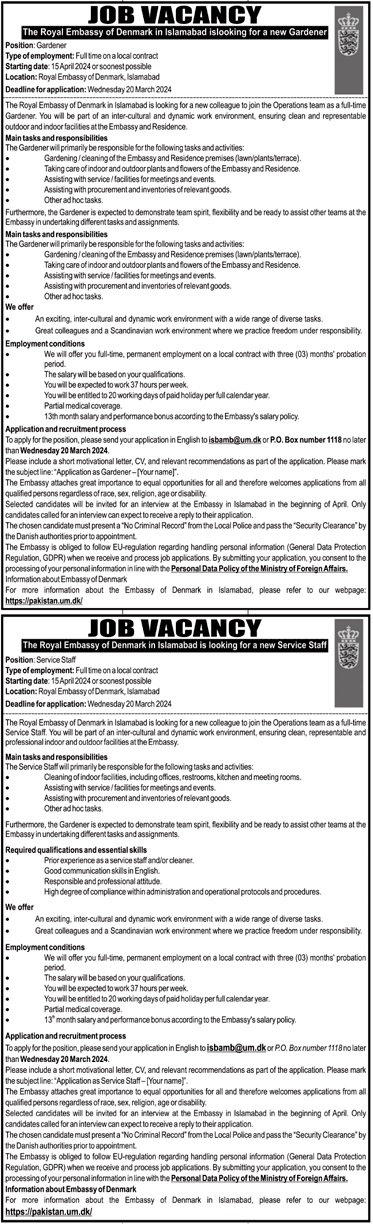 THE ROYAL EMBASSY OF DENMARK ISLAMABAD | GARDENER & SERVICE STAFF REQUIRED 2024