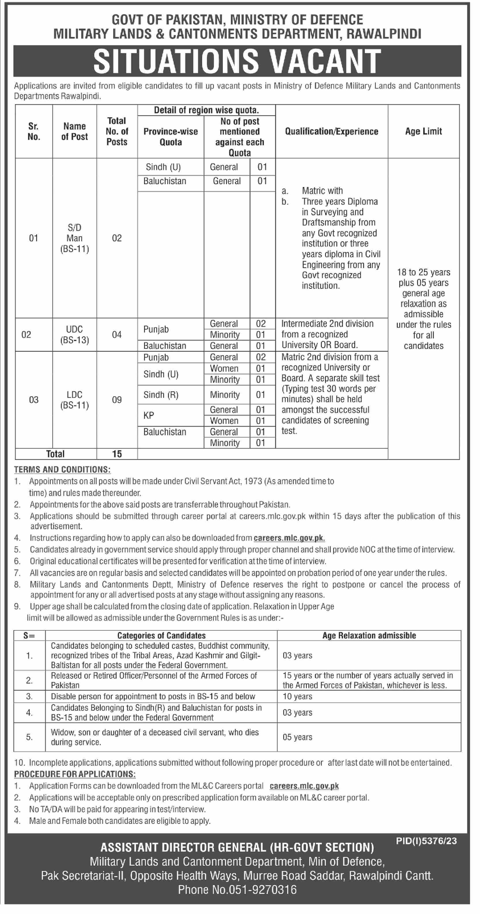 MILITARY LANDS & CANTONMENTS DEPARTMENT | MLC SITUATIONS VACANT MARCH 2024