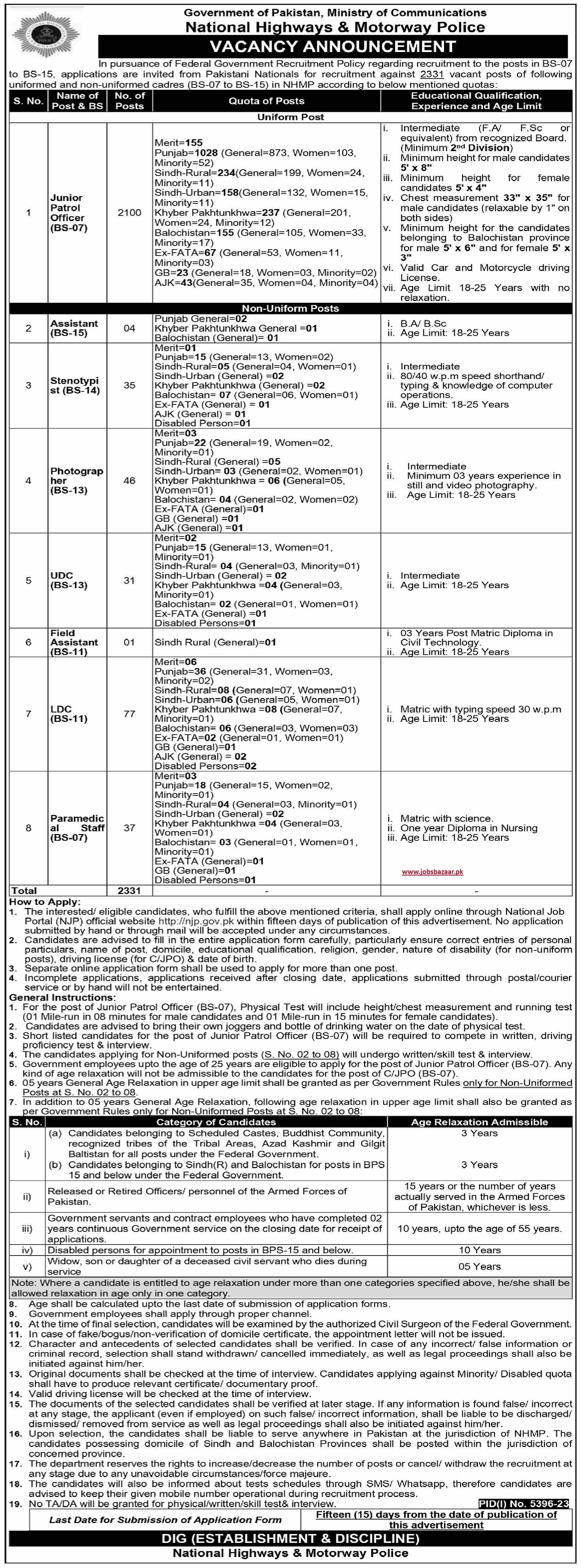 NATIONAL HIGHWAYS & MOTORWAY POLICE | NHMP UNIFORM & NON-UNIFORM POSTS ADVERTISEMENT MARCH 2024