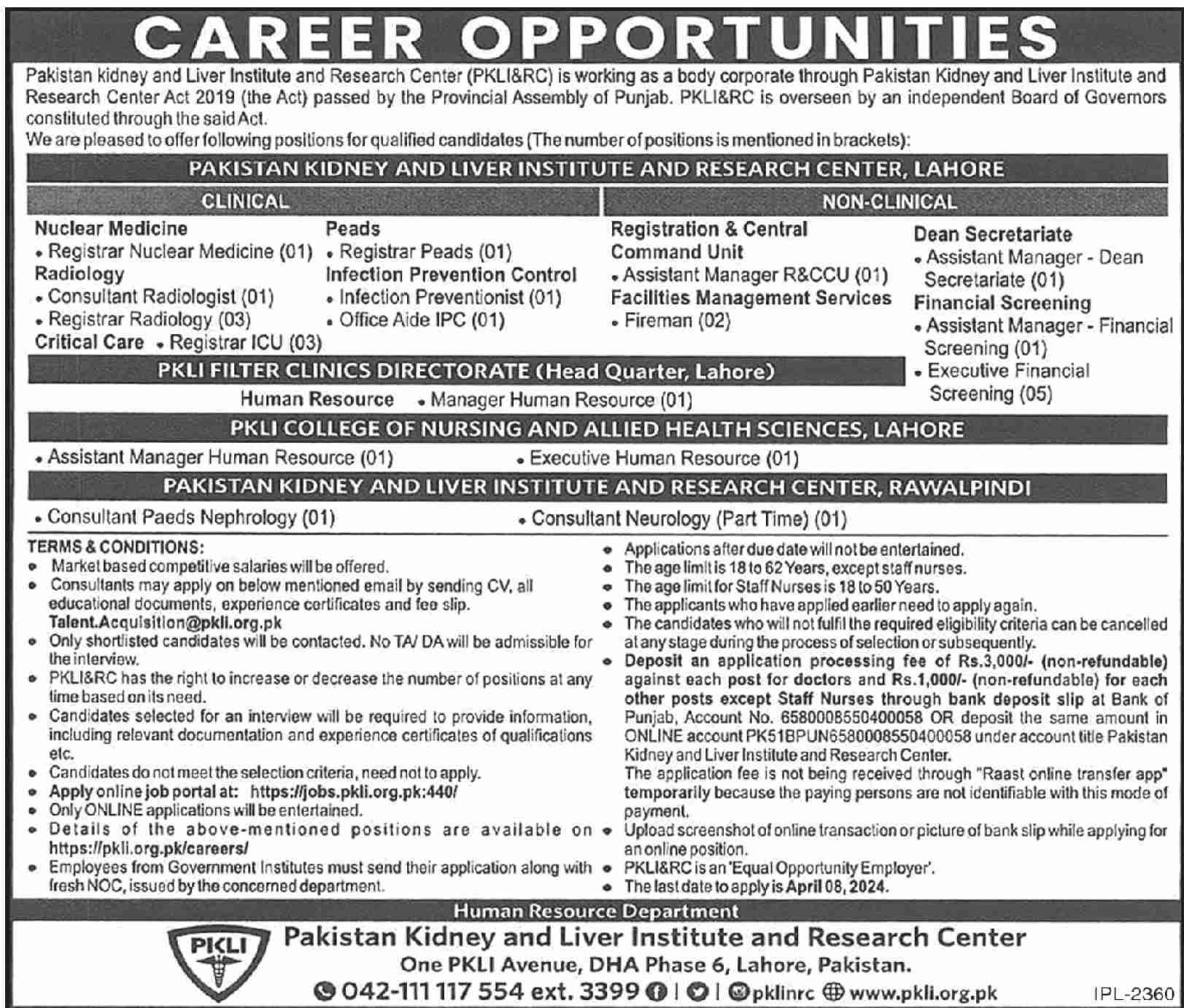 PAKISTAN KIDNEY & LIVER INSTITUTE & RESEARCH CENTER | PKLI&RC CLINICAL & NON-CLINICAL CAREER OPPORTUNITIES MARCH 2024