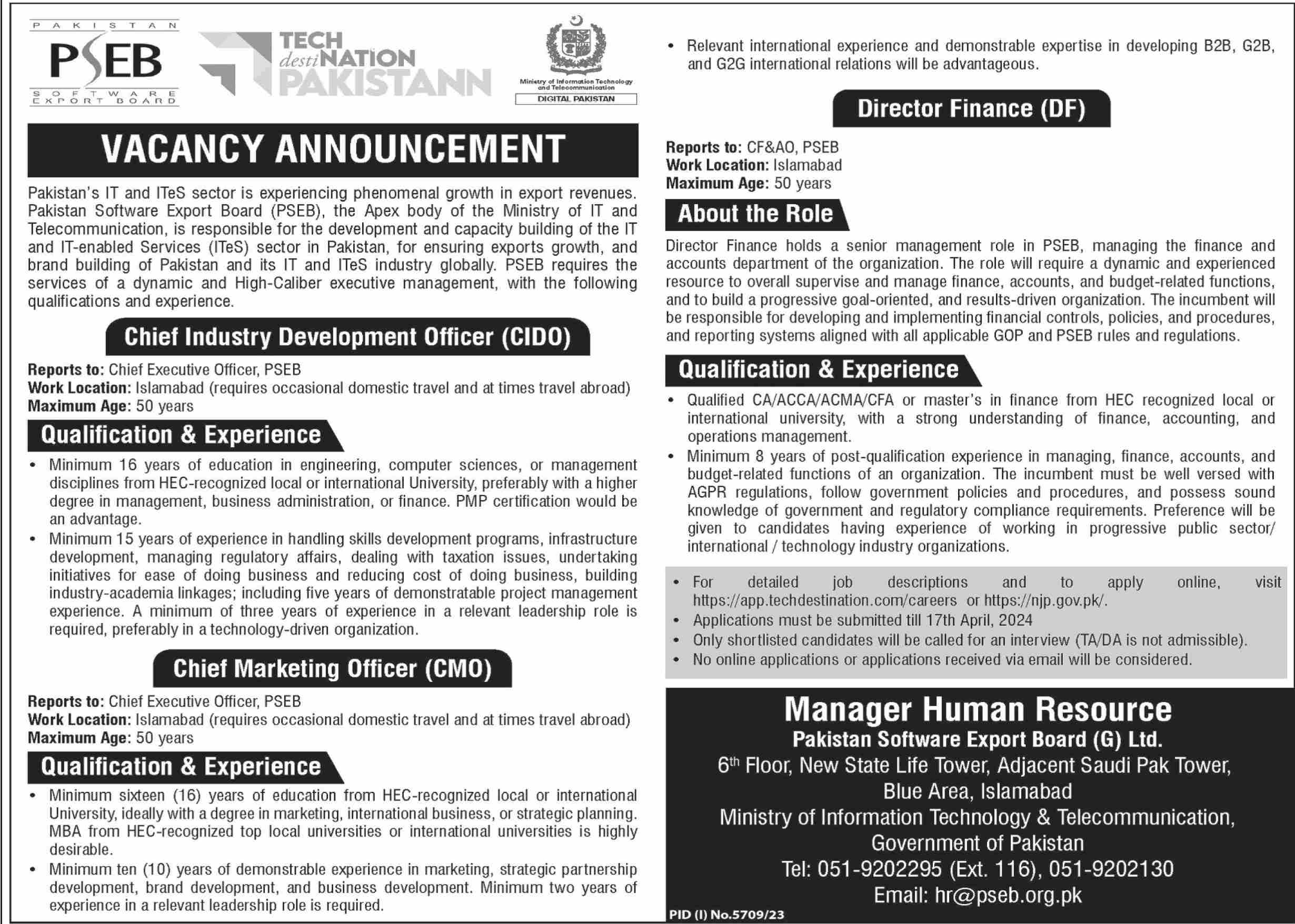 PAKISTAN SOFTWARE EXPORT BOARD | PSEB EXECUTIVE MANAGEMENT POSITIONS 2024