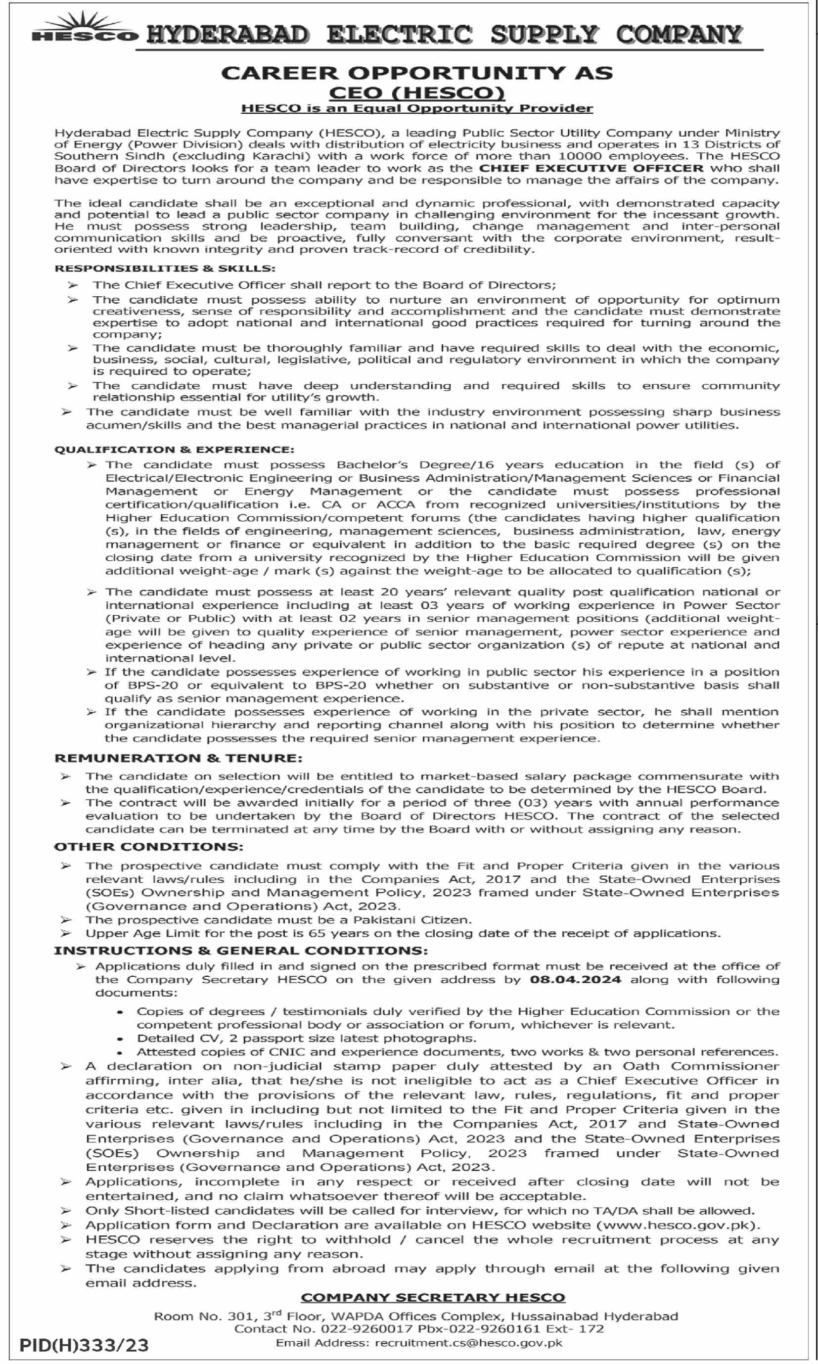 HYDERABAD ELECTRIC SUPPLY COMPANY | CAREER OPPORTUNITY AS CEO (HESCO) 2024