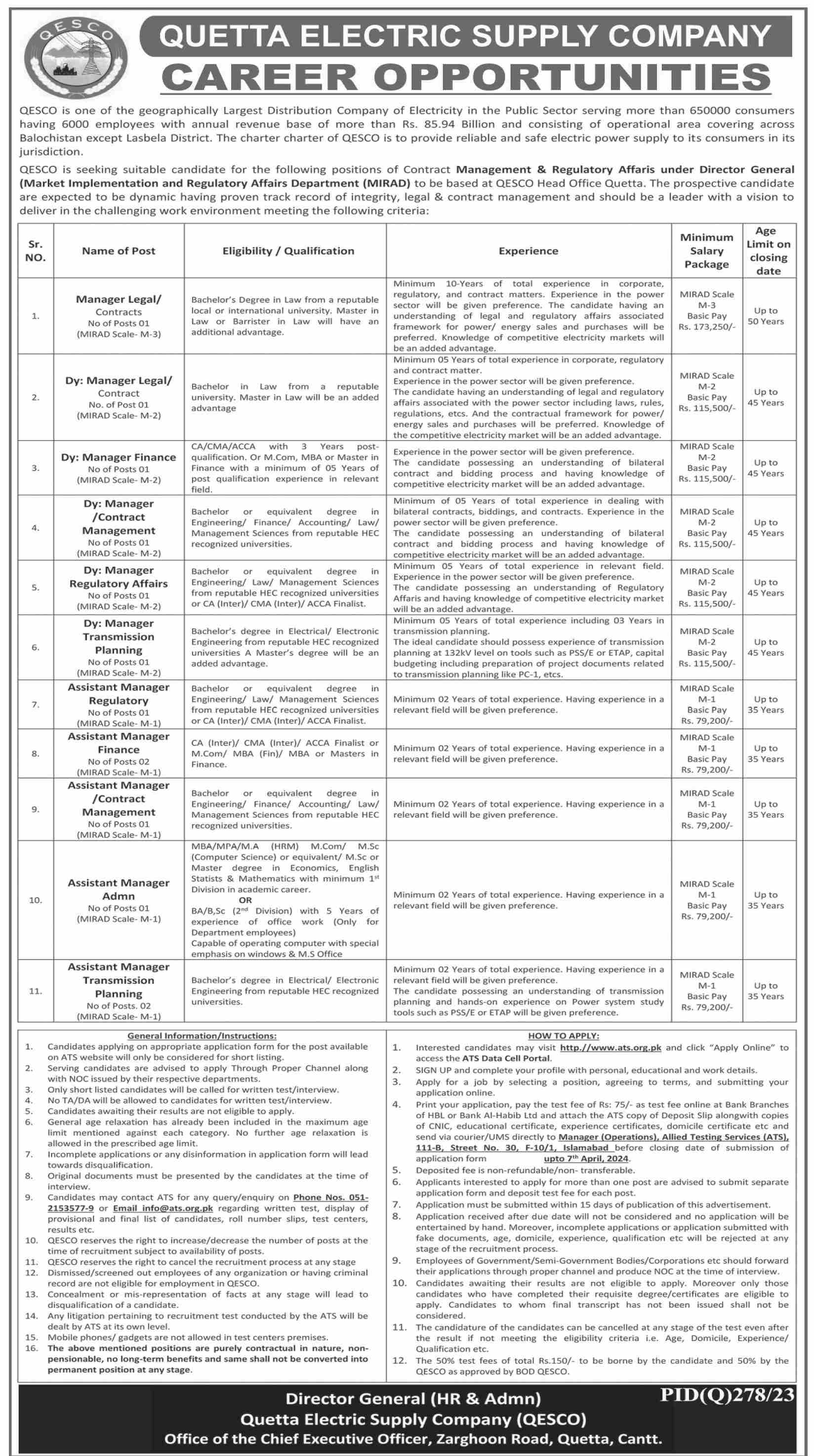 QUETTA ELECTRIC SUPPLY COMPANY | MANAGEMENT & REGULATORY AFFAIRS DEPARTMENT QESCO POSITIONS 2024