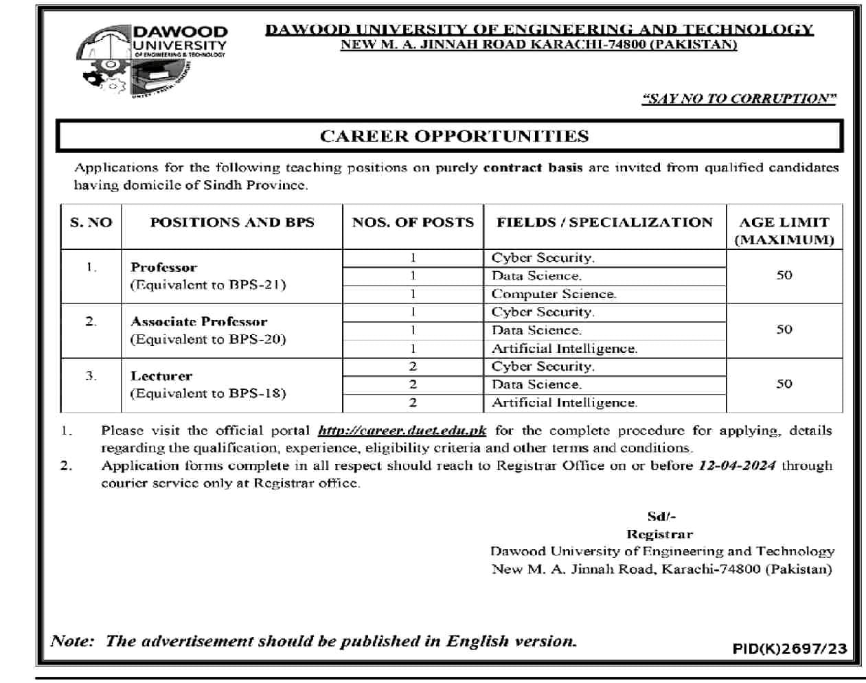 DAWOOD UNIVERSITY OF ENGINEERING & TECHNOLOGY | DUET KARACHI FACULTY POSITIONS MARCH 2024