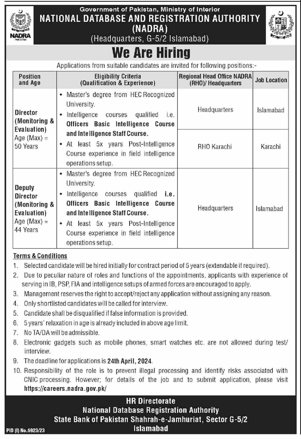 NATIONAL DATABASE & REGISTRATION AUTHORITY | NADRA MONITORING & EVALUATION POSITIONS APRIL 2024