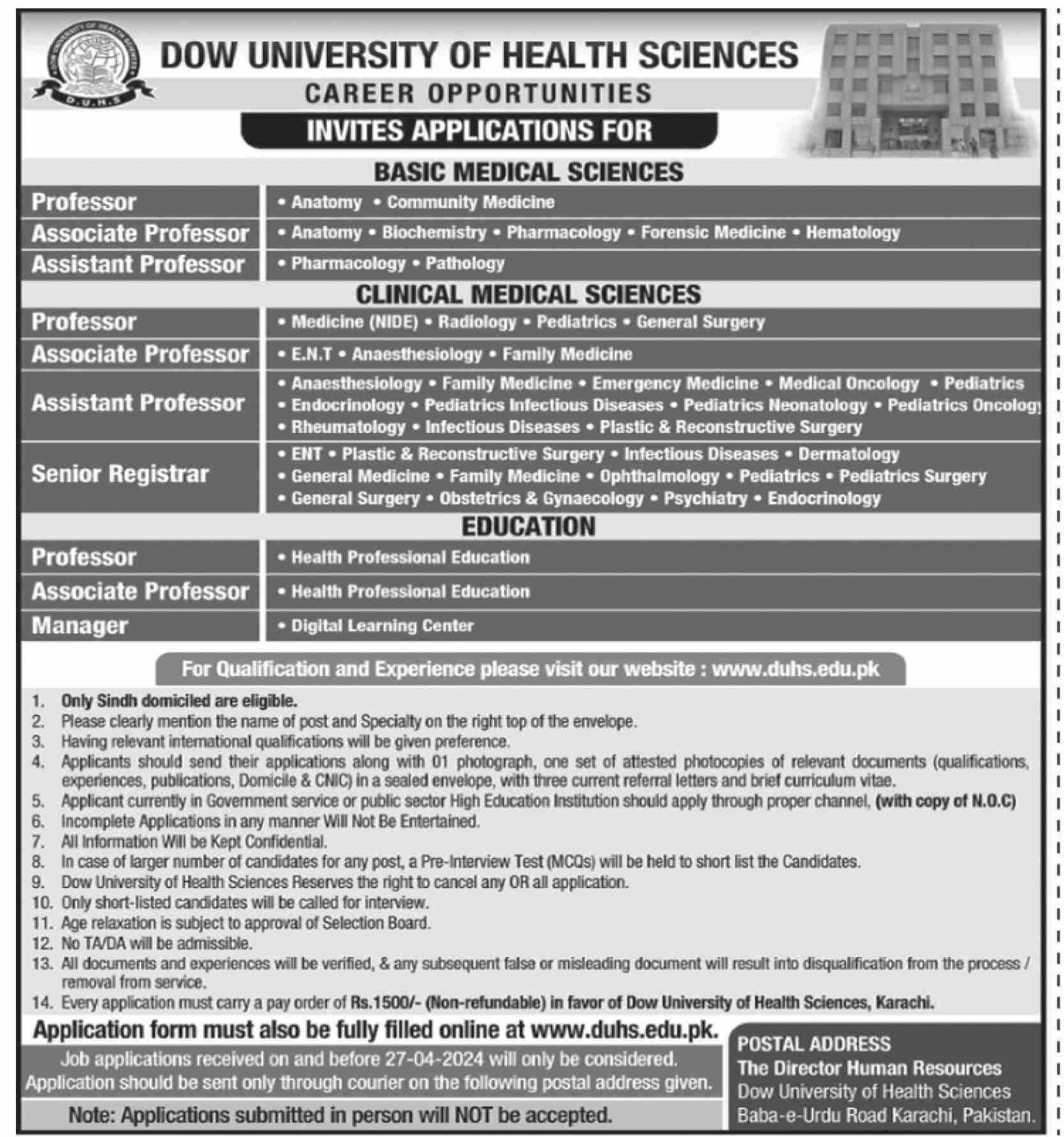DOW UNIVERSITY OF HEALTH SCIENCES | BASIC & CLINICAL MEDICAL SCIENCES DUHS TEACHING POSITION 2024