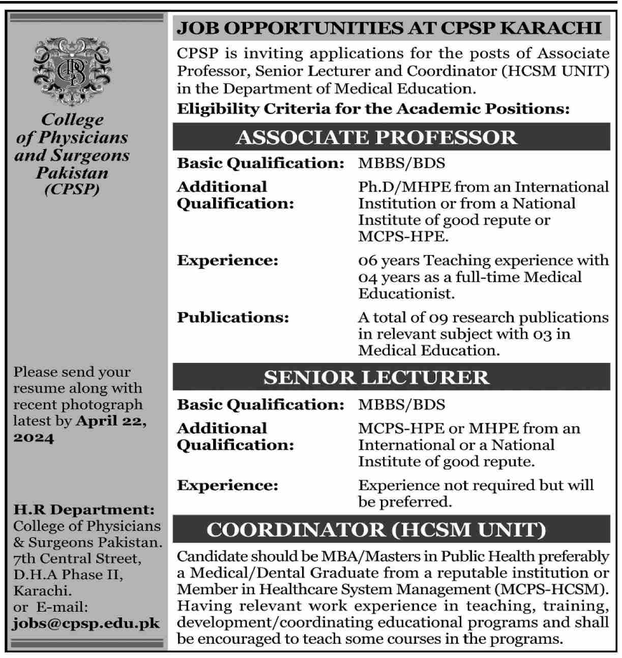 COLLEGE OF PHYSICIANS & SURGEONS PAKISTAN | COORDINATOR & ACADEMIC POSITIONS AT CPSP KARACHI 2024