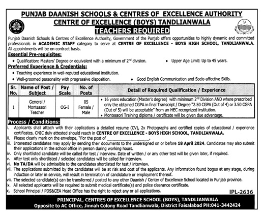 PUNJAB DAANISH SCHOOLS & CENTER OF EXCELLENCE HIGH SCHOOL (BOYS) TANDLIANWALA | TEACHERS REQUIRED MARCH 2024