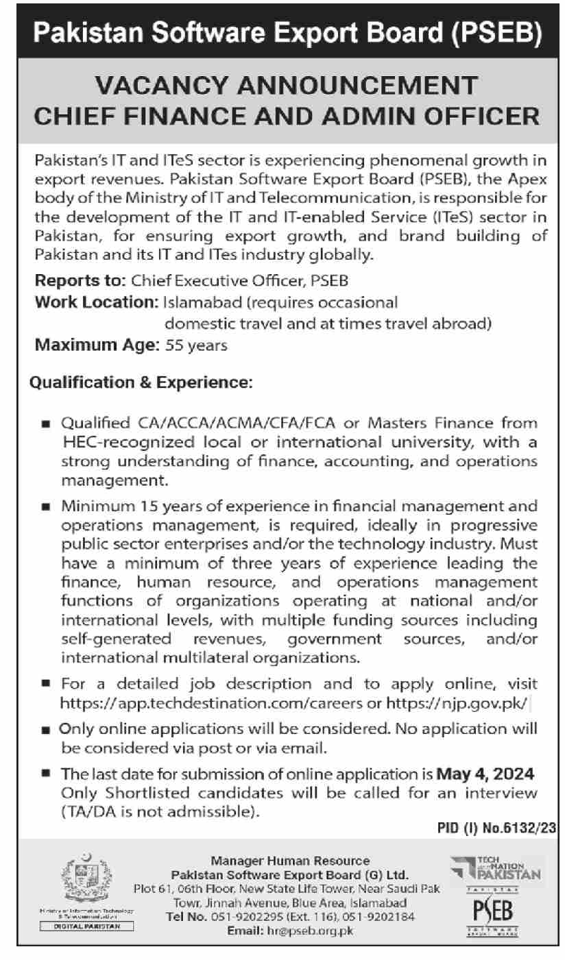 PAKISTAN SOFTWARE EXPORT BOARD | PSEB VACANCY ANNOUNCEMENT CHIEF FINANCE & ADMIN OFFICER 2024