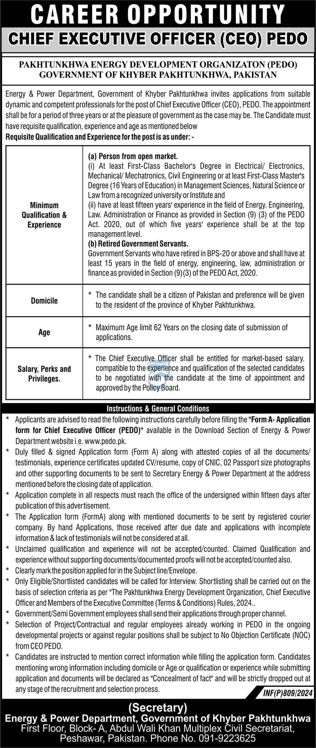 PAKHTUNKHWA ENERGY DEVELOPMENT ORGANIZATON | CHIEF EXECUTIVE OFFICER - PEDO, POSITION VACANT 2024