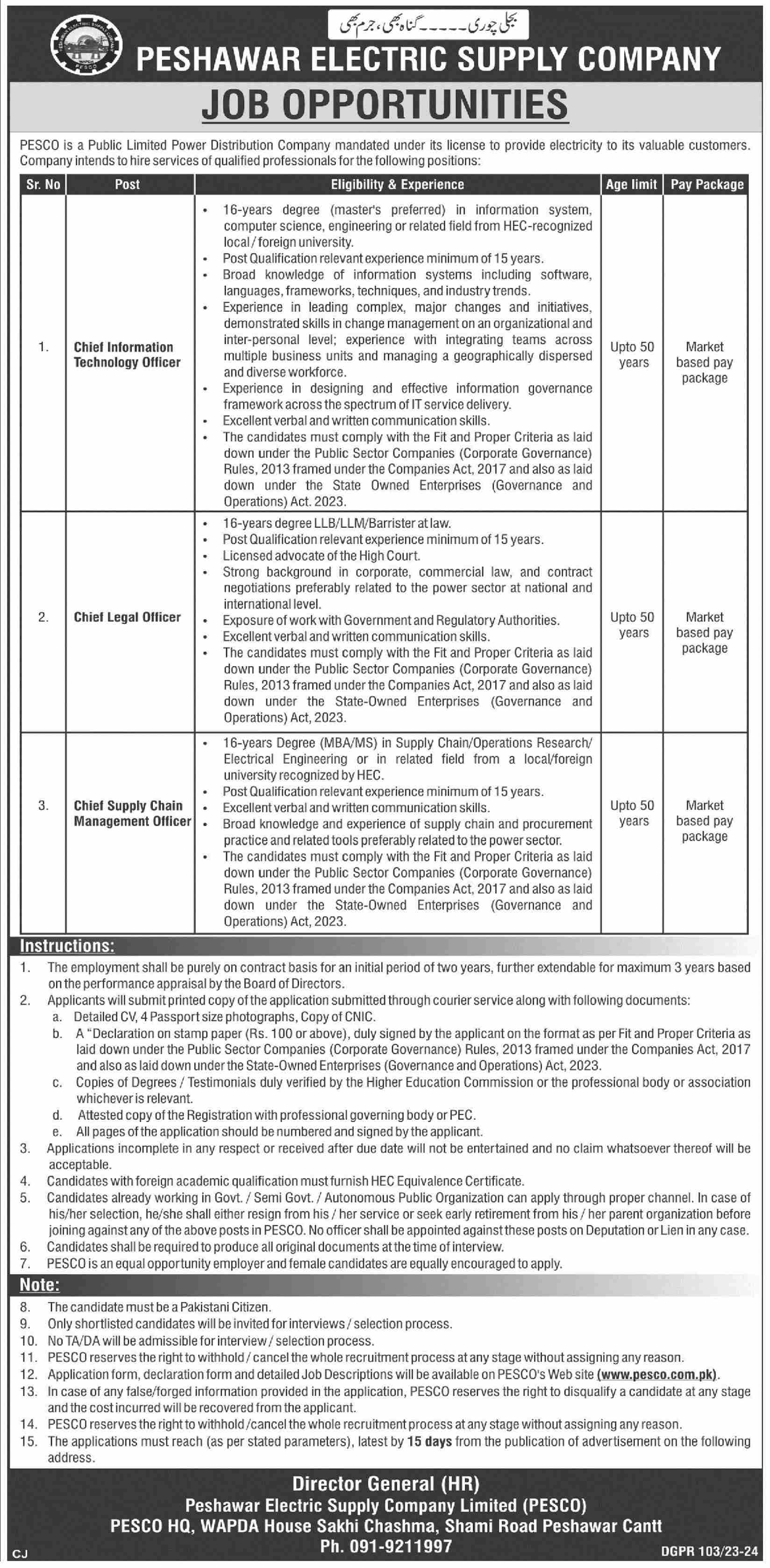 PESHAWAR ELECTRIC SUPPLY COMPANY | PESCO CHIEF LEVEL POSITIONS 2024