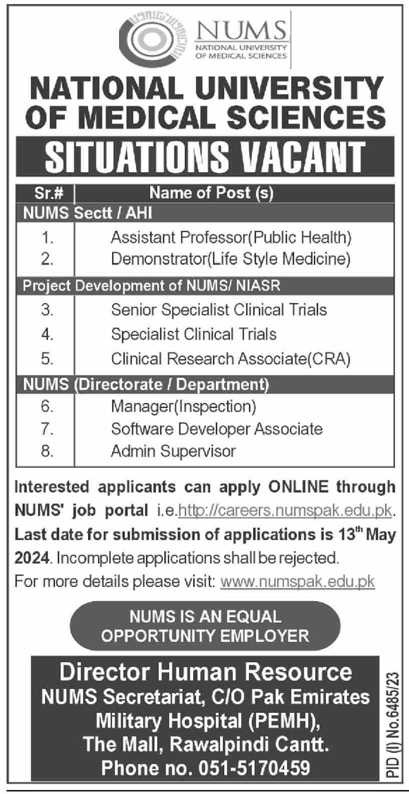 NATIONAL UNIVERSITY OF MEDICAL SCIENCES | NUMS TEACHING/NON-TEACHING VACANCIES APRIL 2024
